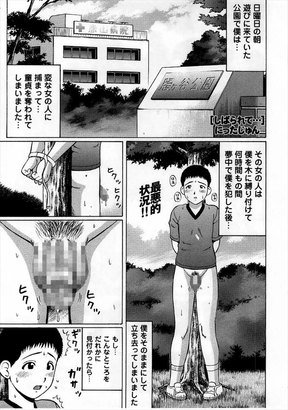 変なお姉さんにからまれて下半身丸出しで木に縛り付けられた少年が、元同級生の黒ギャル女子と男の娘のセックスを目の前で見せつけられ悶絶ｗｗｗｗｗｗｗ